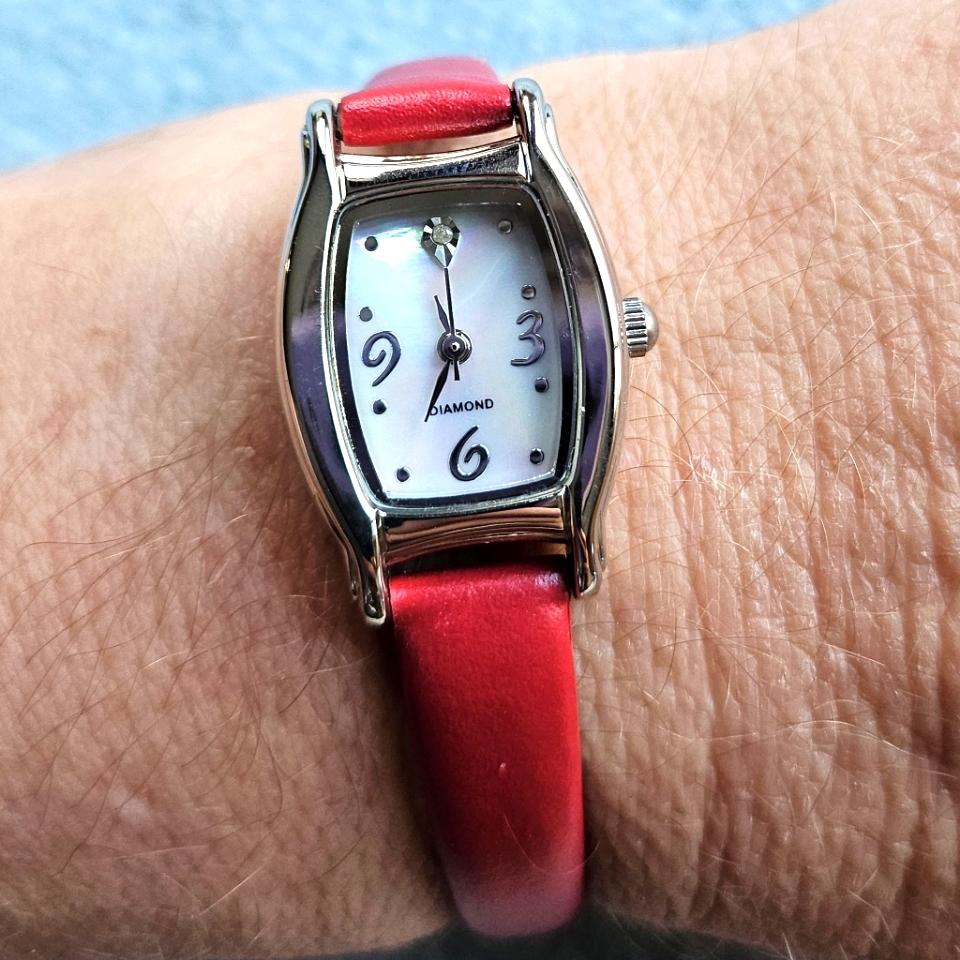 Avon Diamond Accent Watch Mother Of Pearl Dial Red Silver Nwt